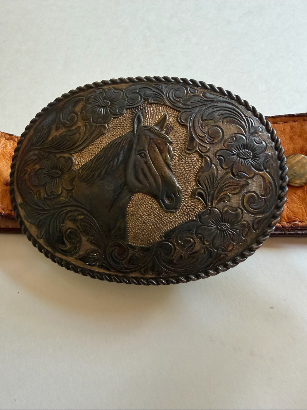San Carlos Crumrine 22K Gold on Sterling Horse Buckle w/ Ostrich Leather Belt